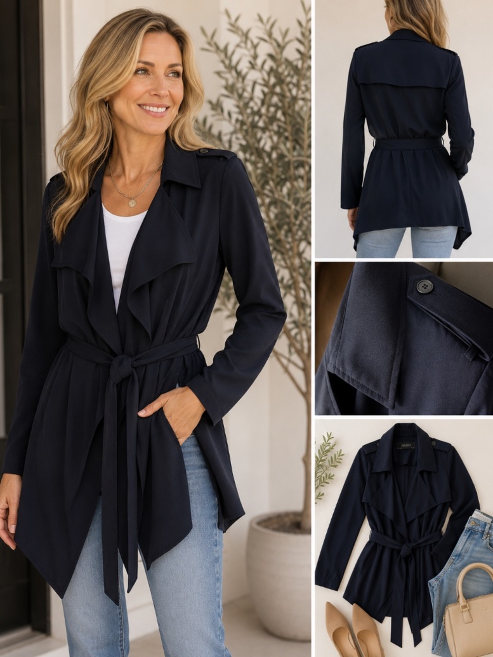 Zara Basic Collection Navy Waterfall Wrap Jacket | Size Large